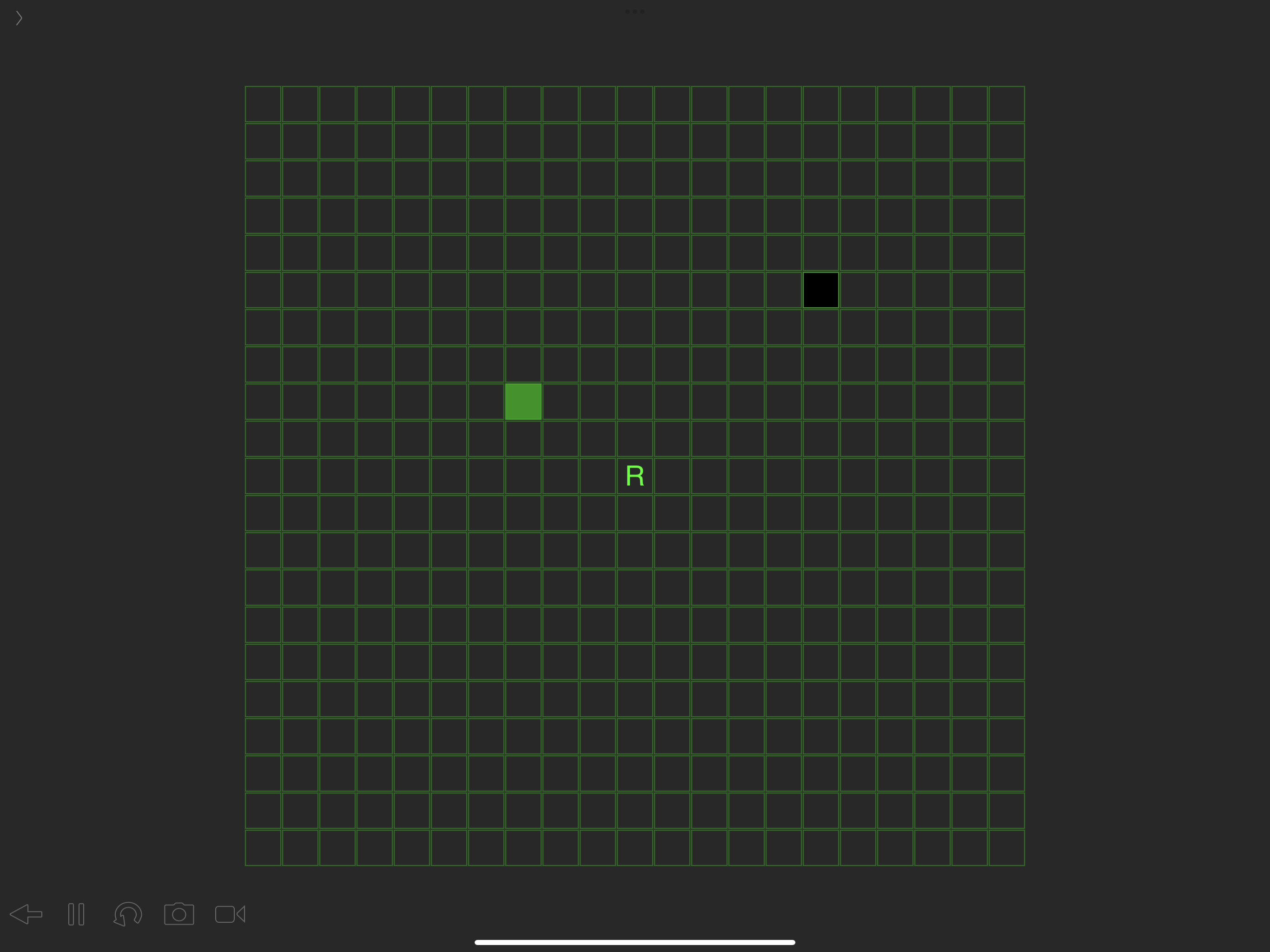 grid showing R in middle, a black square upper right, green square upper left