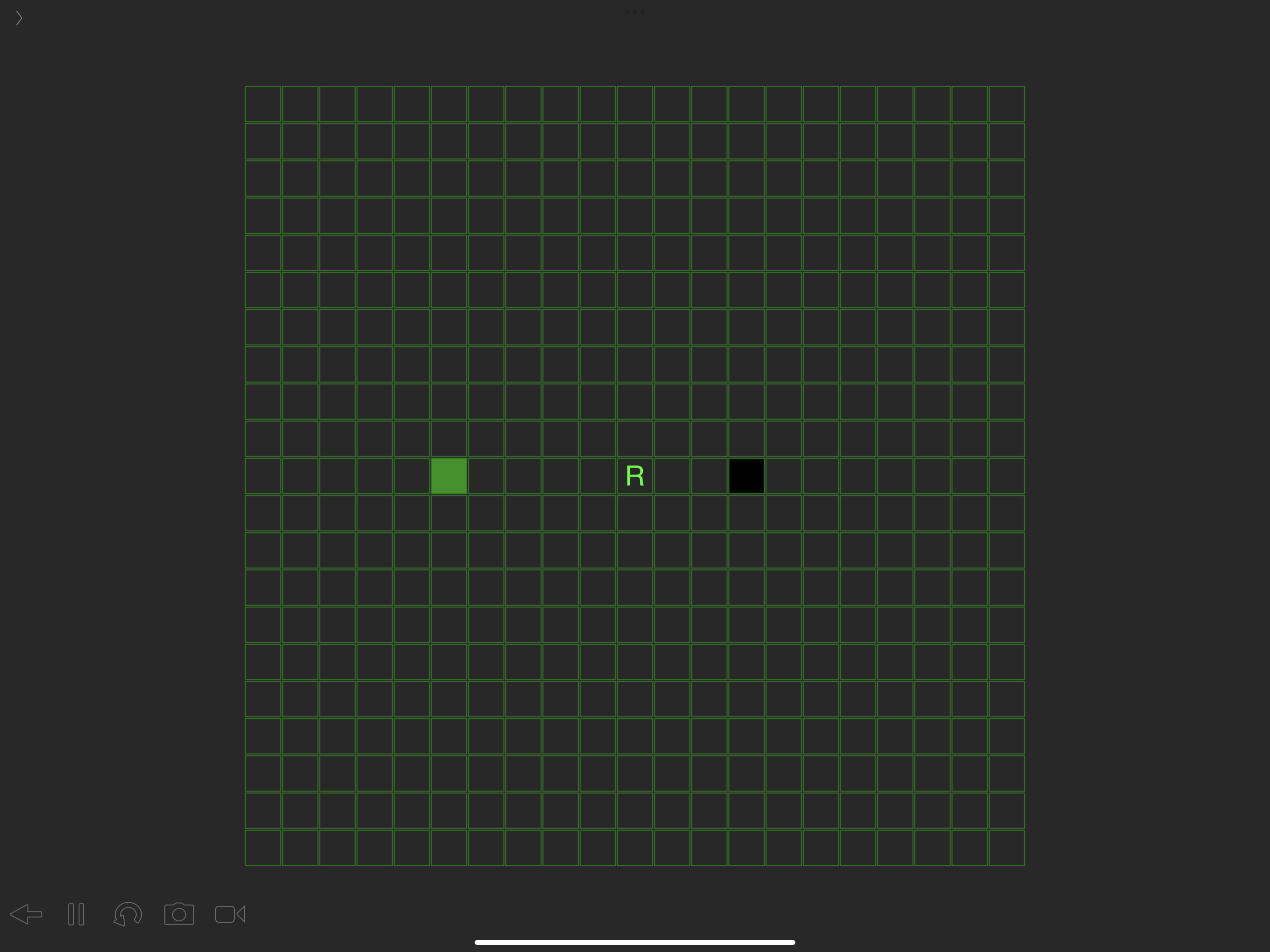 grid showing green obstacle on left black pit on right, R in middle